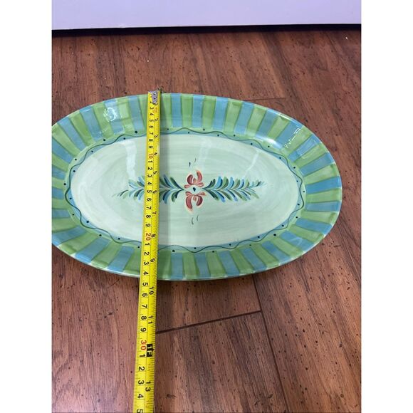 Gail Pittman Provence 14" Oval Serving Platter Flowers Green Bands Hand Painted - Picture 3 of 9